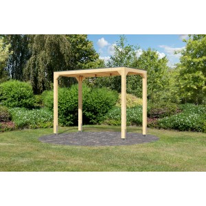 Karibu Pavillon Fyrkant, naturbelassen, mit Flachdach und vier Pfosten im Garten.