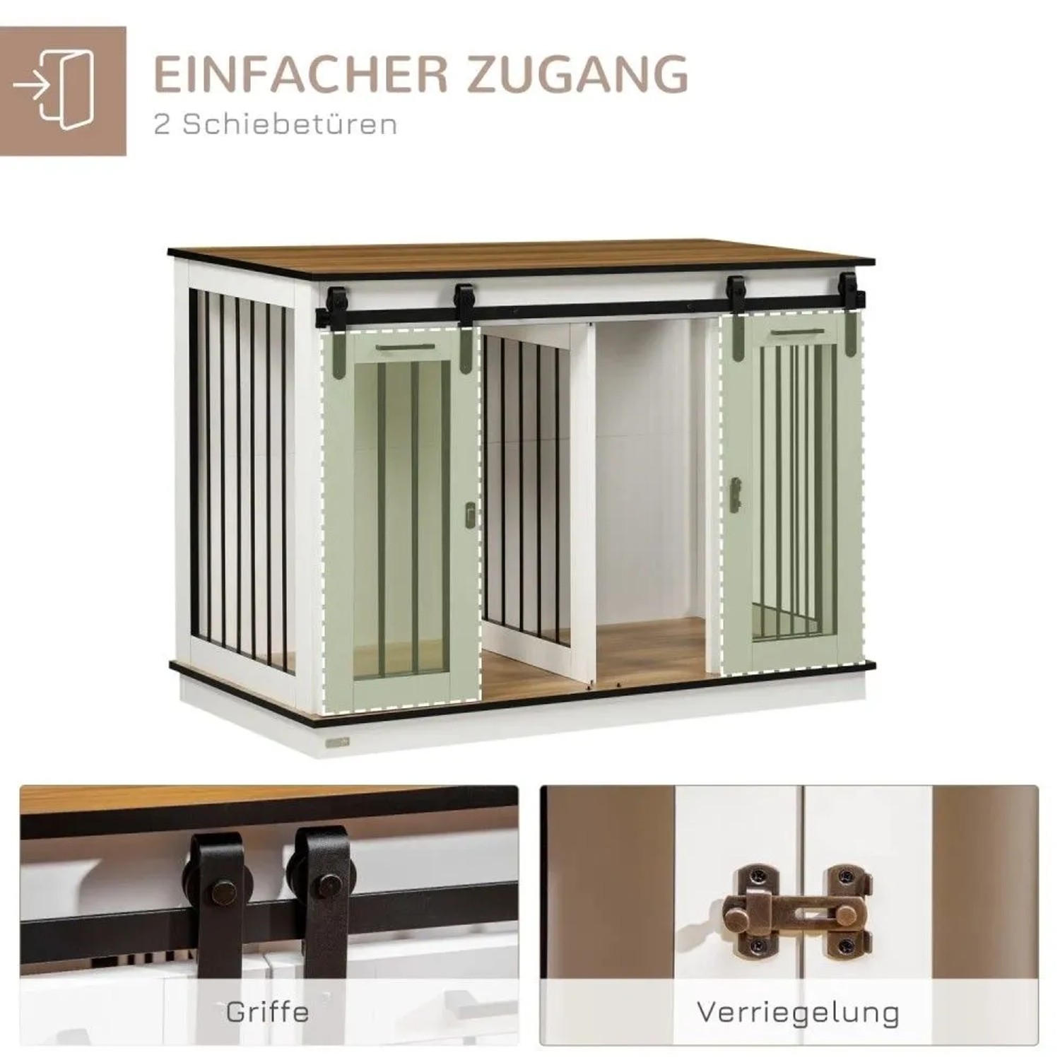 Weißer PawHut Hundekäfig aus MDF/Stahl mit Holzplatte und zwei hellgrünen Schiebetüren. 120x60x88,5 cm.