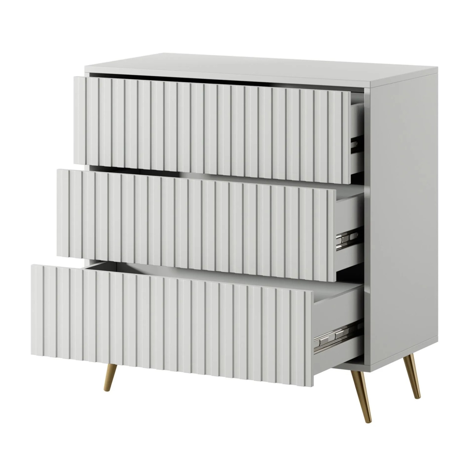 Weiße Selsey Kommode Bello mit drei offenen Schubladen, Lamellendekor und goldenen Beinen. Modernes Sideboard.