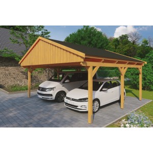 Skan Holz Carport Fichtelberg, 618x566 cm, Eiche Hell, mit schwarzen Schindeln für zwei Stellplätze.