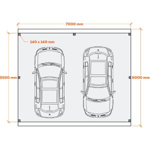 Draufsicht Holzbrüder Doppelcarport Ralf, anthrazitgrau, mit Maßangaben und zwei Autos als Skizze.