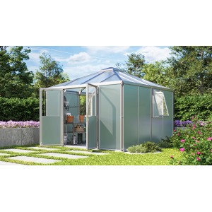 Vitavia Gerätehaus Universum Alu 10,2 m² mit geöffneten Türen im Garten.