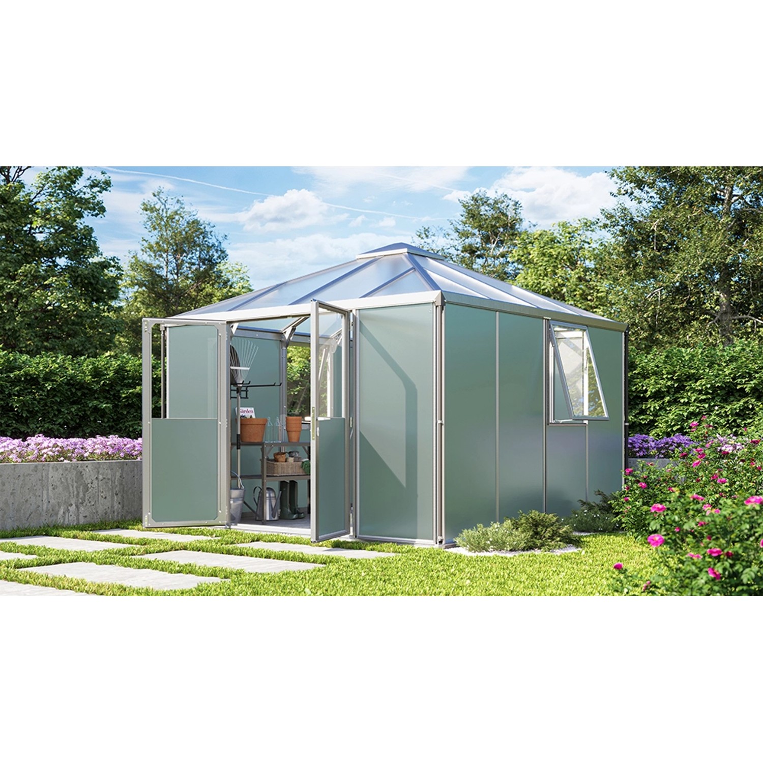 Vitavia Gerätehaus Universum Alu 10,2 m² mit geöffneten Türen im Garten.