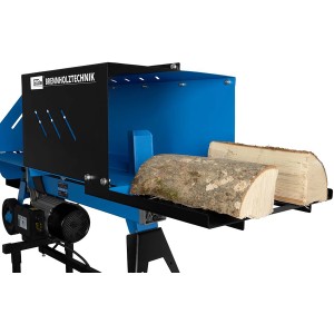 Güde Holzspalter GHS 500/6,5TE in Blau mit Holzstücken auf Ablagetisch.