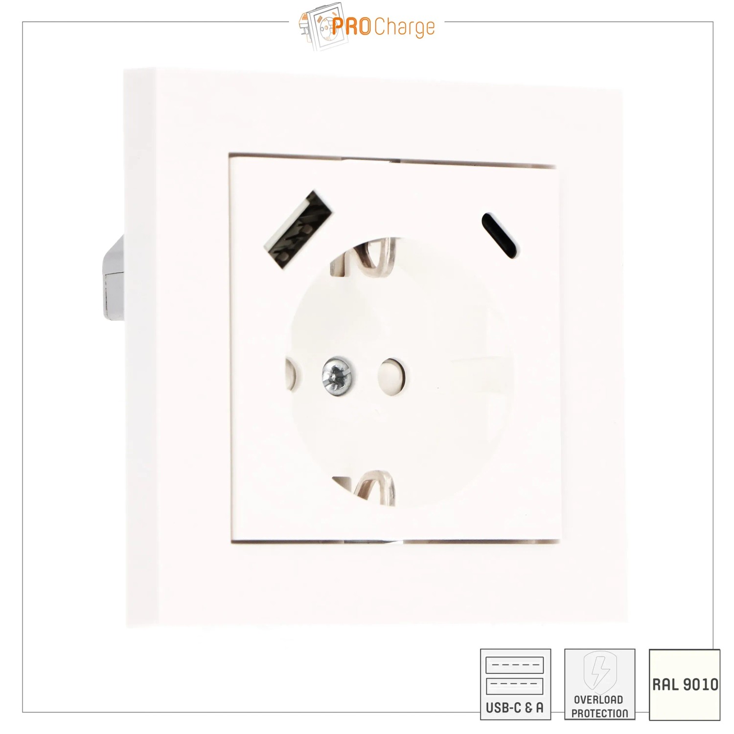 Weiße ProCharge Steckdose mit USB-A und USB-C Anschluss für schnelles Laden.