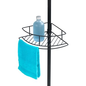 Wenko Teleskop-Duschregal Dolcedo, schwarz-matt, mit zwei Ablagekörben und Handtuch.