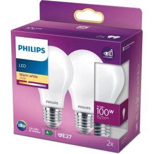 2er Set Philips E27 LED-Lampen in Glühlampenform, 10,5W, warmweißes Licht. Energiesparend und langlebig.