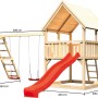 Karibu Spielturm Luis mit Doppelschaukel, Klettergerüst und roter Rutsche.