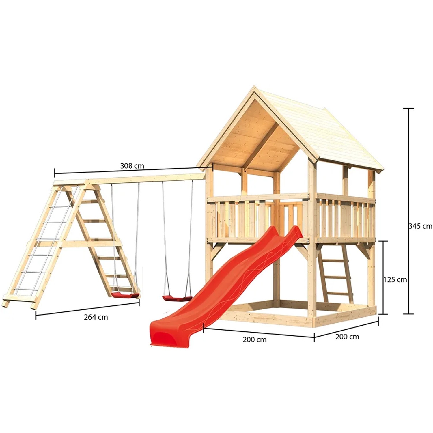 Karibu Spielturm Luis mit Doppelschaukel, Klettergerüst und roter Rutsche.