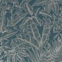 Boutique Vliestapete Emerald mit Blattmuster in Gold auf blauem Grund.