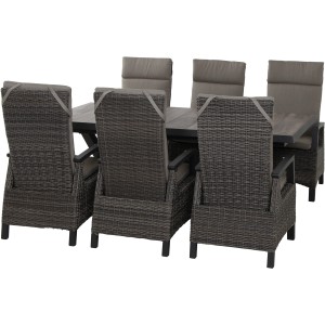 Siena Garden Gartenmöbelset Corido, 7-teilig: 6 Sessel, 1 Ausziehtisch. Lounge-Gartenmöbel mit grauem Geflecht.