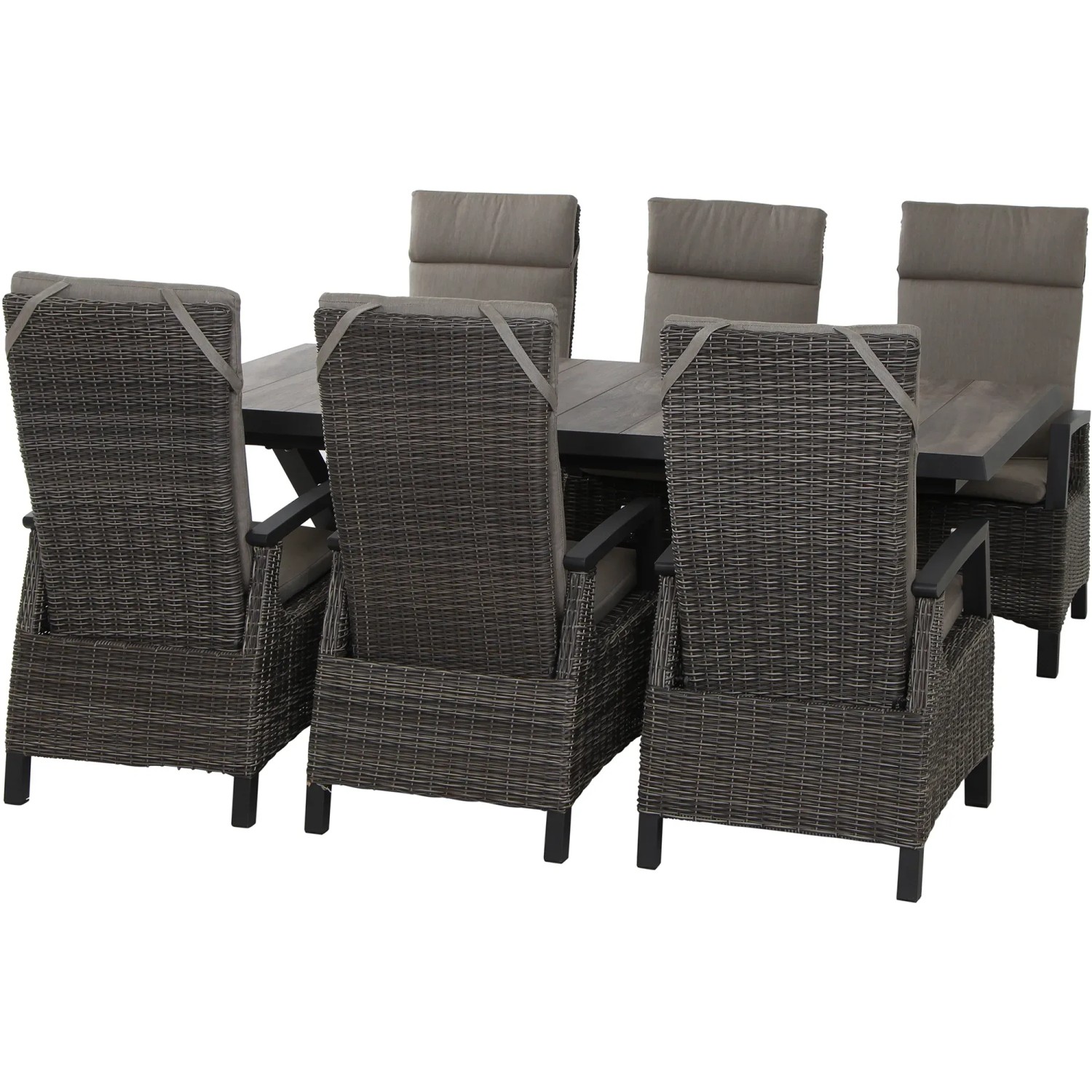 Siena Garden Gartenmöbelset Corido, 7-teilig: 6 Sessel, 1 Ausziehtisch. Lounge-Gartenmöbel mit grauem Geflecht.