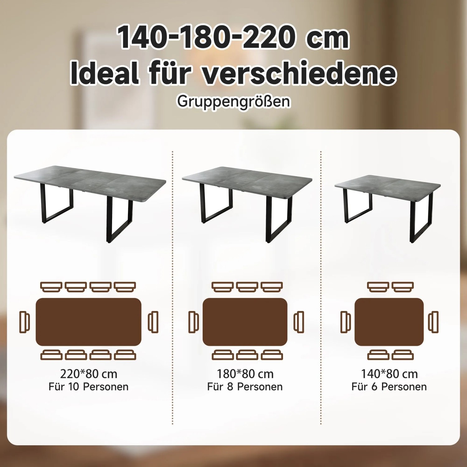 okwish Esstisch Ausziehbar für 6-10 Personen mit Metallbeine 220 x 80 cm Grau_7