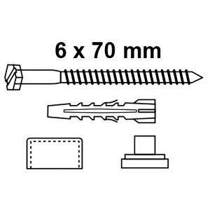 Befestigungssatz für Stand-WC, Schraube M6 x 70 mm, Dübel und Abdeckung.