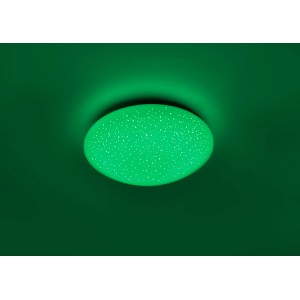 Weiße LED-Deckenleuchte Skyler (Ø 25 cm) mit Sternenhimmel-Effekt, leuchtet grün.