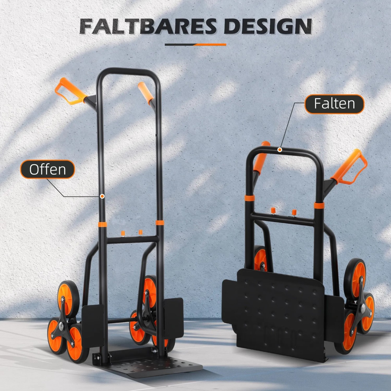 DURHAND Treppensteiger, schwarz-orange, offen und zusammengeklappt. Klappbares Design für einfachen Transport von Lasten.