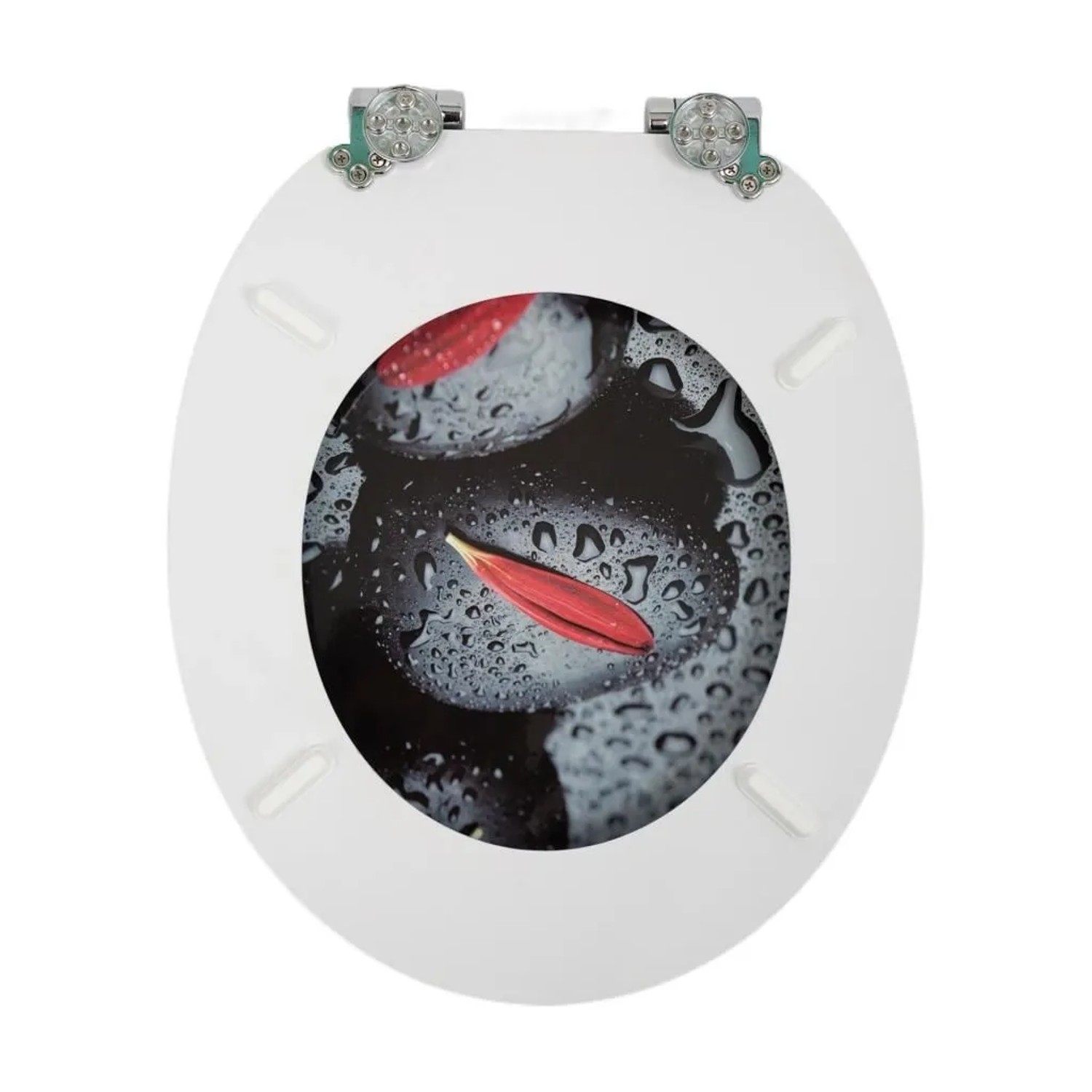 Weißer ovaler Sinobath WC-Sitz mit Absenkautomatik. Zen Wellness Motiv: dunkle Oberfläche, Wassertropfen, rote Blütenblätter.