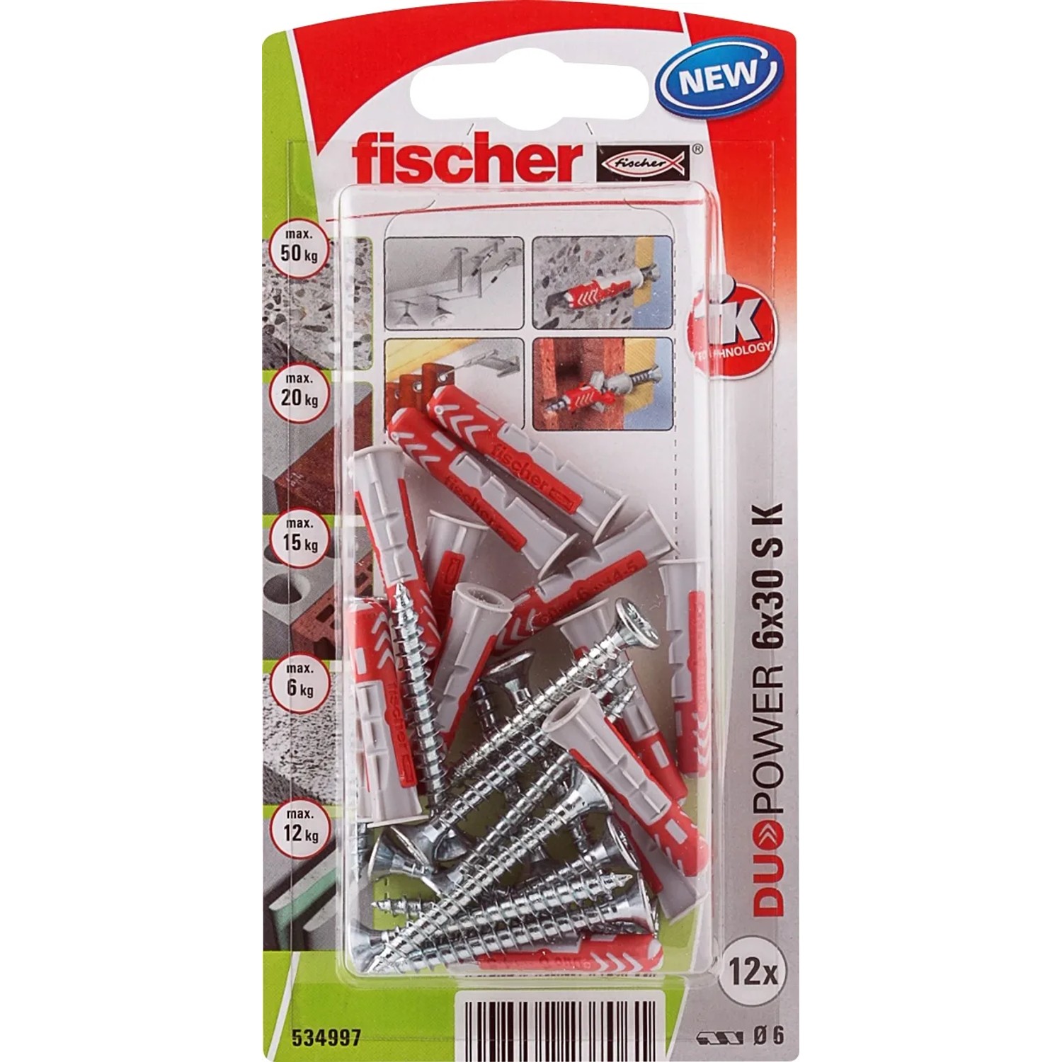 Fischer Duopower 6x30 S K NV Dübel, Set mit Dübeln und Schrauben in Kunststoffverpackung.