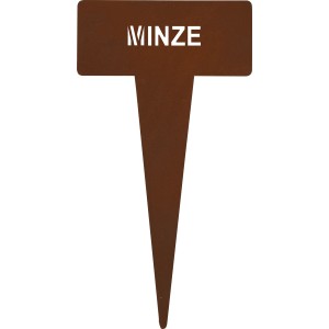 Rostfarbener Kräuterstecker "Minze" aus Metall, 15 cm hoch, zur Kennzeichnung von Kräutertöpfen im Garten.