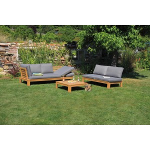 Lounge Garnada: Gartenmöbel-Set aus Akazienholz mit grauen Polstern für Terrasse und Garten.