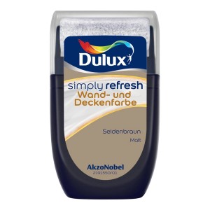Dulux Simply Refresh Tester in Seidenbraun matt mit integrierter Rolle für Wand- und Deckenfarbe.