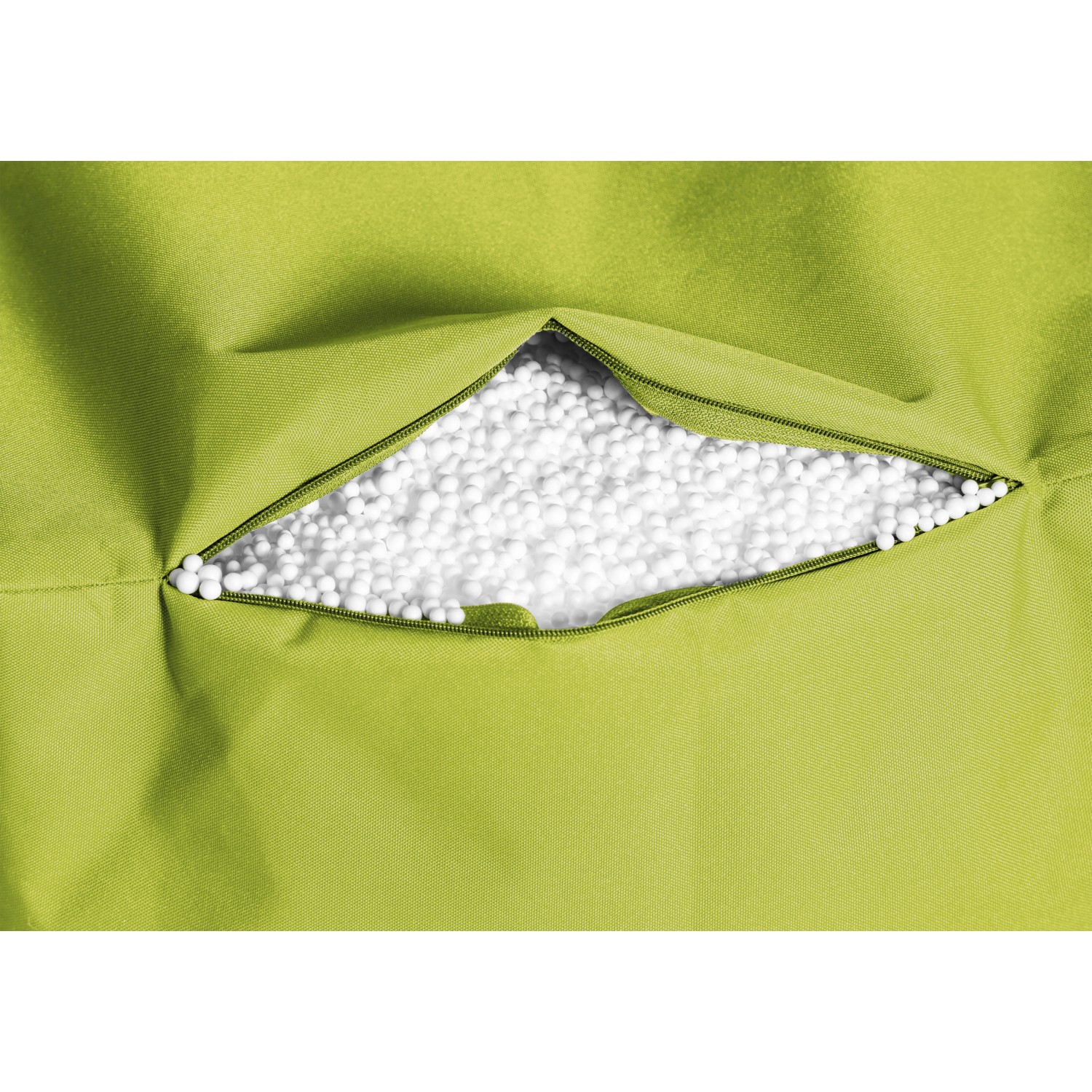 Detailaufnahme: Grüner Sitting Point Sitzsack Big Bag mit EPS-Perlen Füllung.
