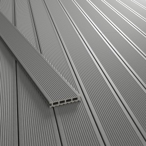 Graue Kovalex WPC Terrassendielen Exklusiv mit matter Oberfläche und feiner Riffelung.