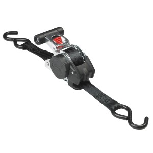 Schwarzer Master Lock Zurrgurt mit Ratsche und S-Haken, 3 m lang. Ideal zum Sichern von Lasten.