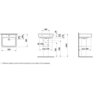 Technische Zeichnung Laufen Waschtisch Pro A, 55 cm, weiße Keramik, Maße und Details.