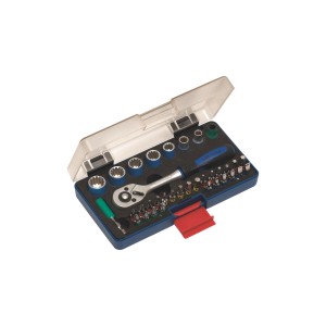 35-teiliges LUX Bit- und Stecknusssatz (1/4 Zoll) mit Ratschengriff und verschiedenen Bits im Koffer.