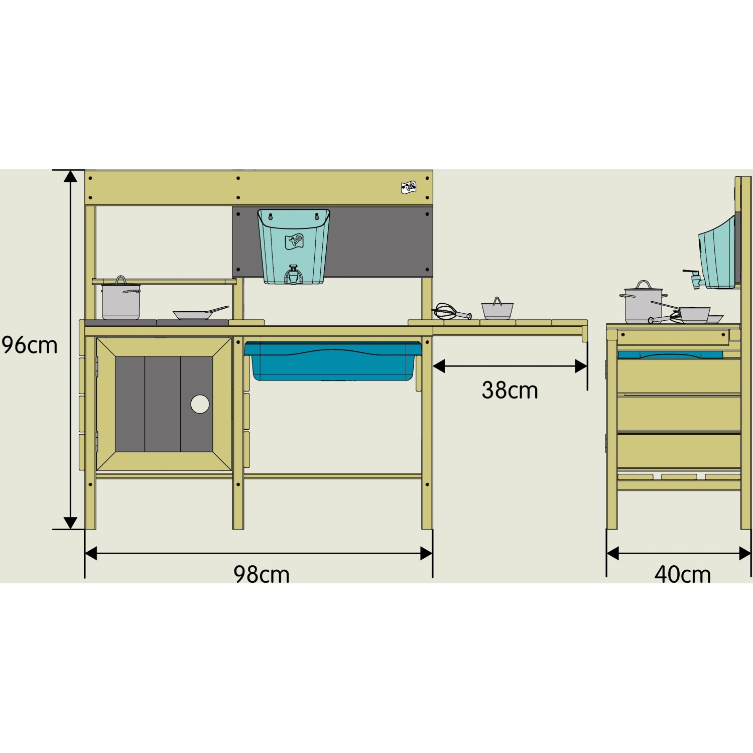 TP Toys Kinderspielküche Deluxe aus Holz mit Zubehör und den Maßen 96cm Höhe, 98cm Breite und 40cm Tiefe.