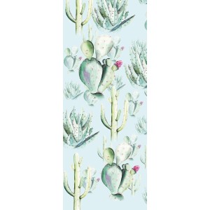 Komar Fototapete Vlies Cactus Blue Panel, 100x250 cm, mit Kakteen-Motiv auf blauem Hintergrund.