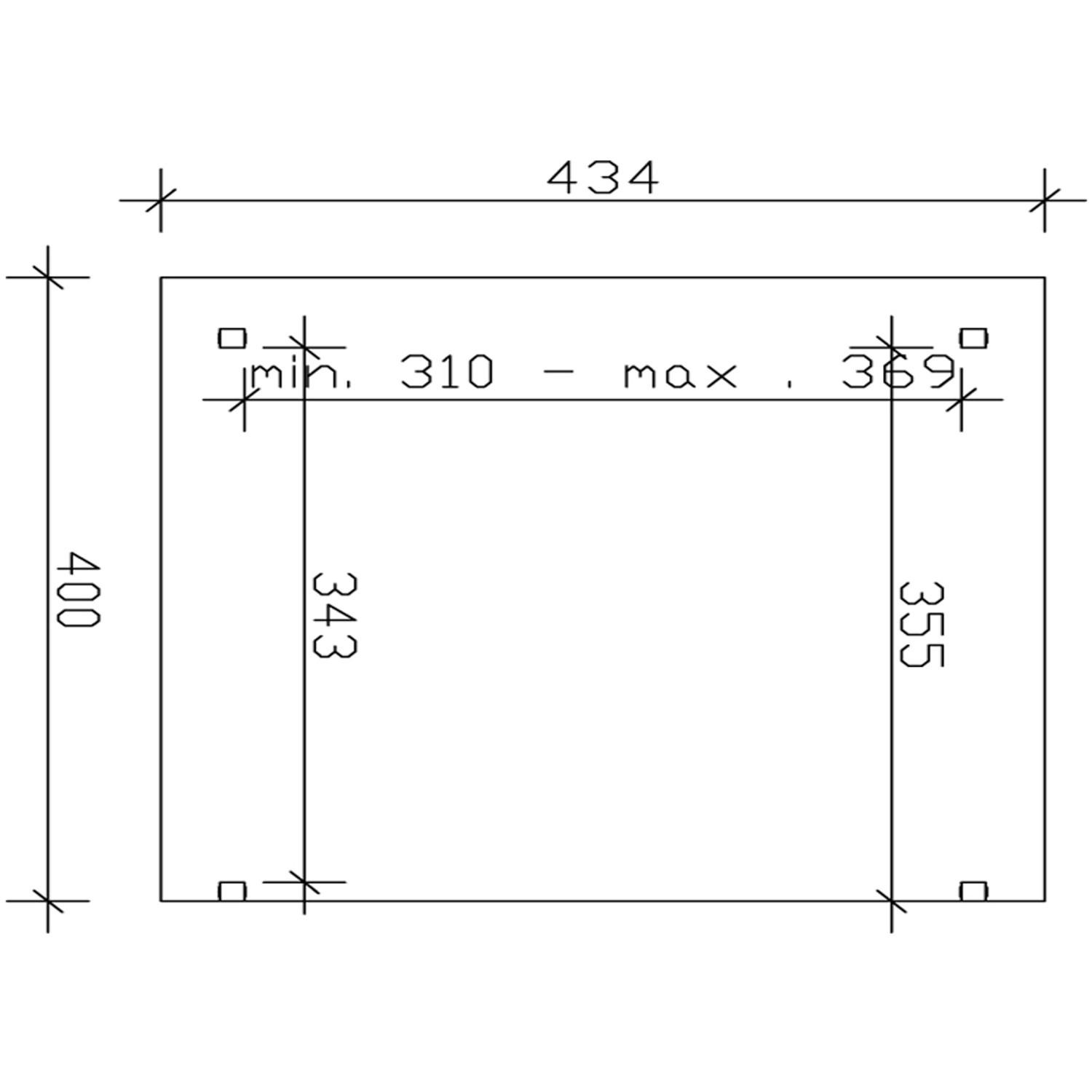 Technische Zeichnung: Skan Holz Terrassenüberdachung Sanremo 434x400 cm, Maße und Details.