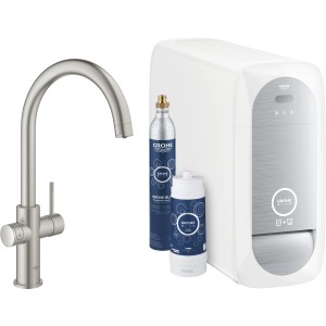 Grohe Blue Home Starter Kit mit C-Auslauf in Supersteel: Einhebelmischer, Filter, CO2-Flasche und Kühlgerät.
