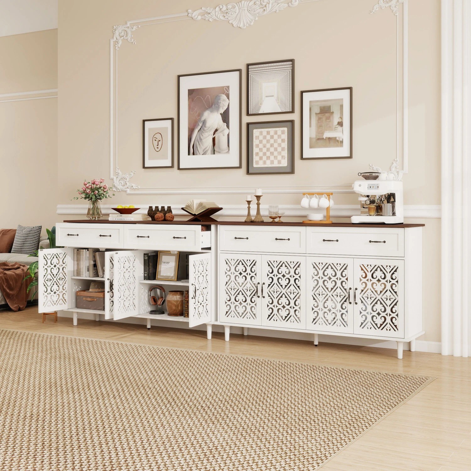 okwish Sideboard mit 4 Türen 2 Schubladen Wohnzimmer 150x90x40cm Weiß_3