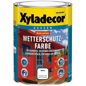 Dose Xyladecor Consolan Wetterschutzfarbe, Weiß, seidenglänzend, für Holz im Außenbereich.