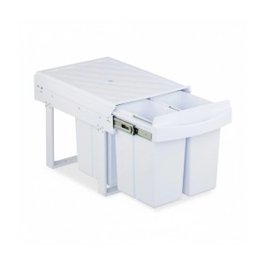 Weißer Relaxdays Einbaumülleimer aus Kunststoff/Metall mit 4x8l Fächern, ausziehbar auf Teleskopschiene für Küchenunterschrank.