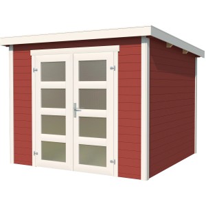 Lasita Holz-Gartenhaus Zambezi 5 in Schwedenrot mit Doppeltür und Fenstern.
