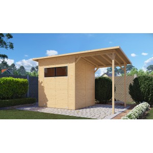 Bertilo Gerätehaus Pent Modern 3 Plus aus Holz mit Anbau und Fenster. Weekendhaus für den Garten.