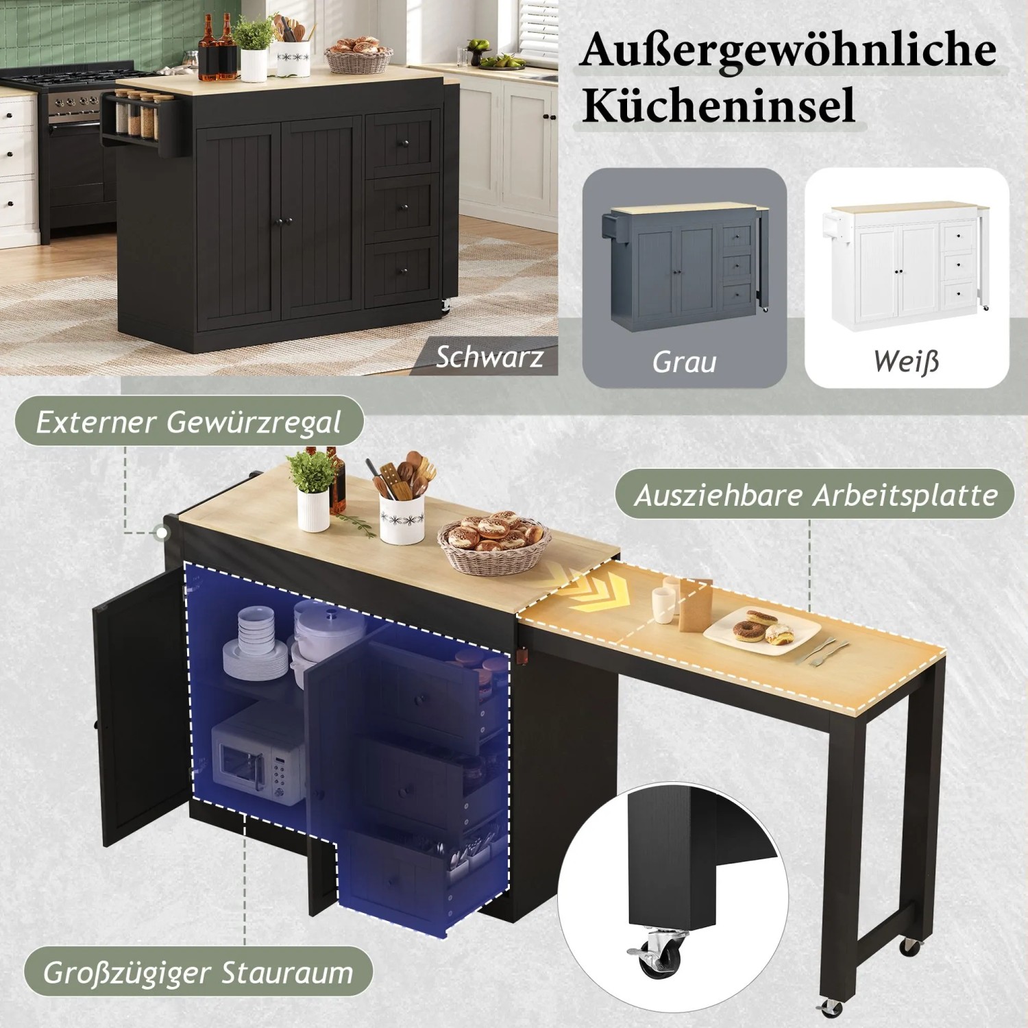okwish Kücheninsel mit Rollen Schubladen Ausziehbarer Essbereich 112-186.8x45x93cm Schwarz_6