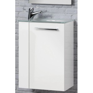 Fackelmann Handwaschbecken, 45 cm, Glas Weiß, mit Unterschrank und Armatur. Ideal für kleine Bäder.