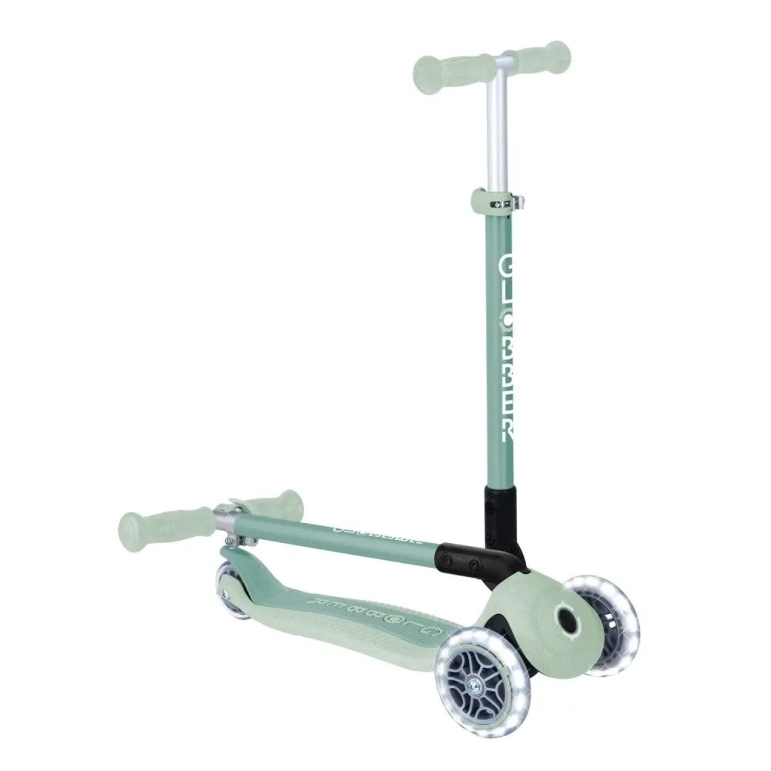 Globber Primo Foldable Lights Tretroller in Pistazie, 3-rädrig, mit LED-Rollen, stehend und zusammengeklappt.
