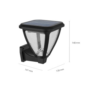 Schwarze Philips Solar-Wandleuchte Vapora mit Tageslichtsensor und Maßen.