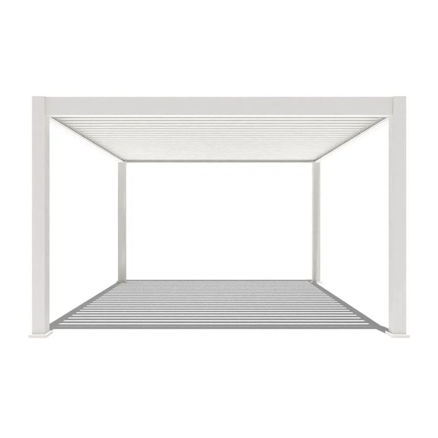 Weißer Aluminium Pavillon mit elektrischem Lamellendach, 4x4m. Moderne Terrassenüberdachung für Sonnenschutz.