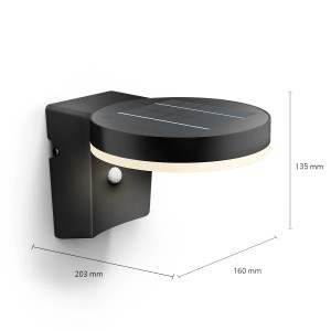 Schwarze, runde Philips Solar-Wandleuchte Zonal mit Bewegungssensor und Maßangaben.