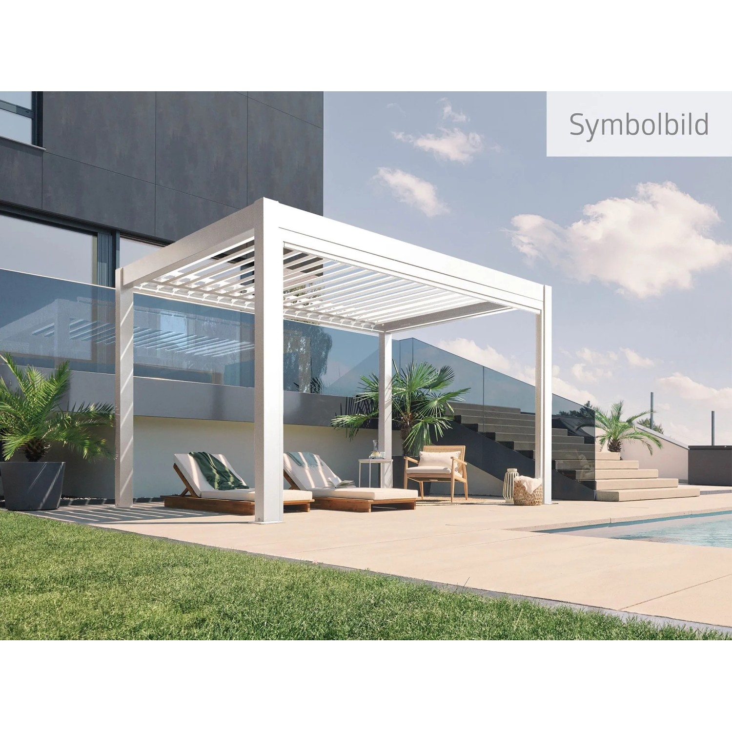 Weiße Biohort Pergola 3,5x3,5m als Terrassenüberdachung im Garten.