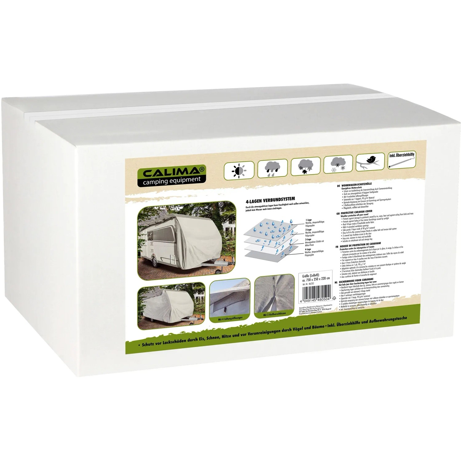 Verpackung der Wohnwagen Schutzhülle 750x250x220cm inkl. Überziehhilfe und Tasche.