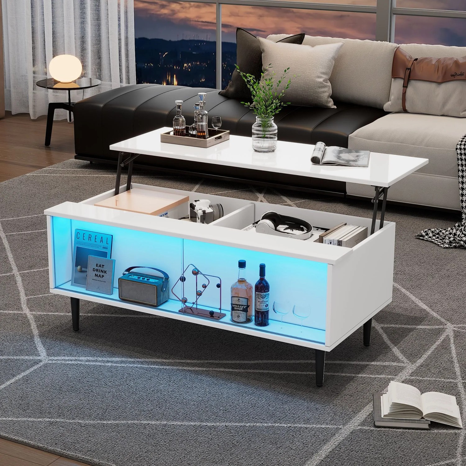 Merax Couchtisch Höhenverstellbar mit LED Glasablage Stauraum Weiß kaufen bei OBI