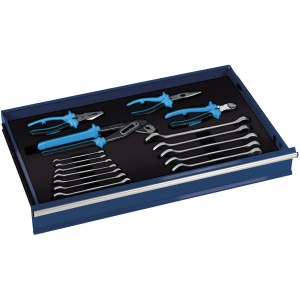 Schublade eines blauen Einhell Werkstattwagens BT-WW 180 Kit mit 180-teiligem Werkzeugset.