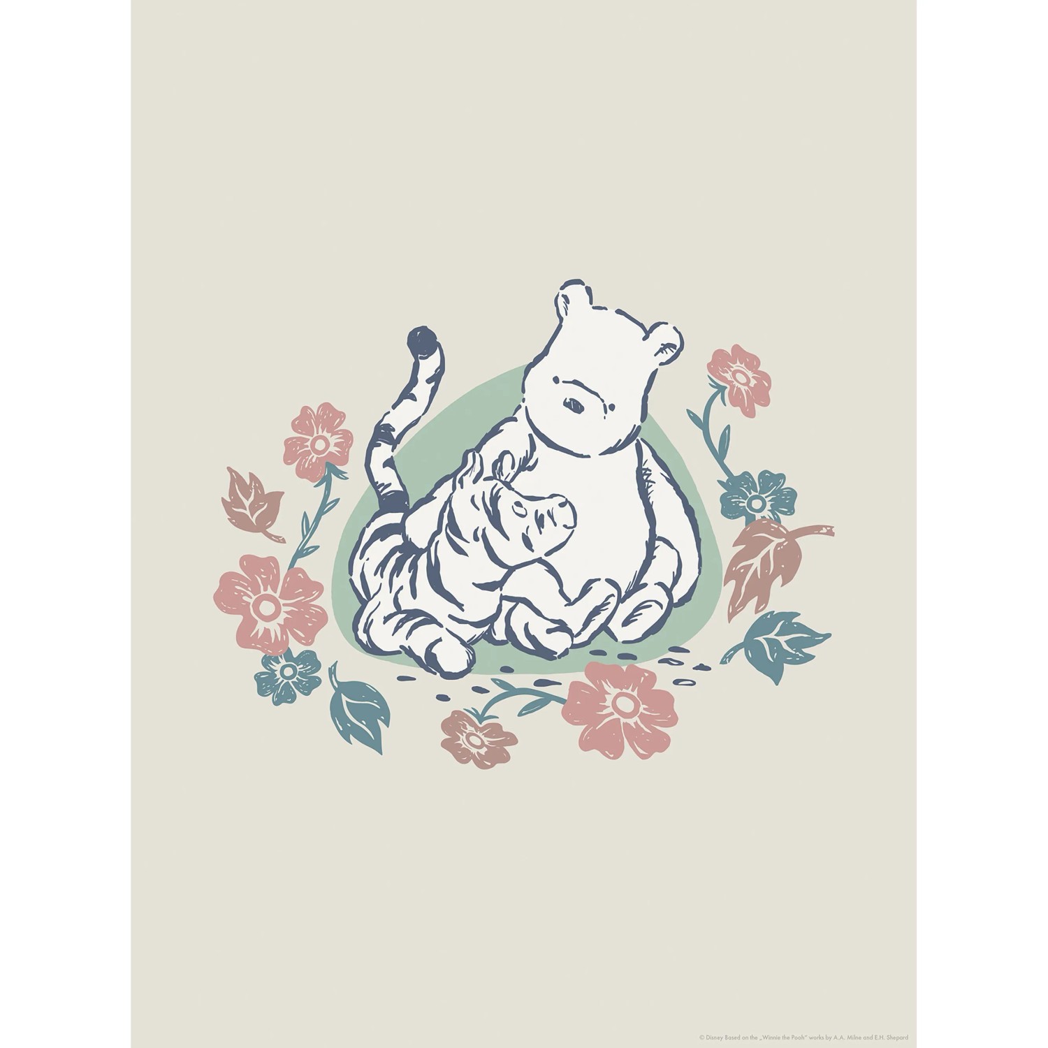 Winnie Pooh Wandbild mit Ferkel und Tiger im Blumenkranz, 30x40 cm, beige.